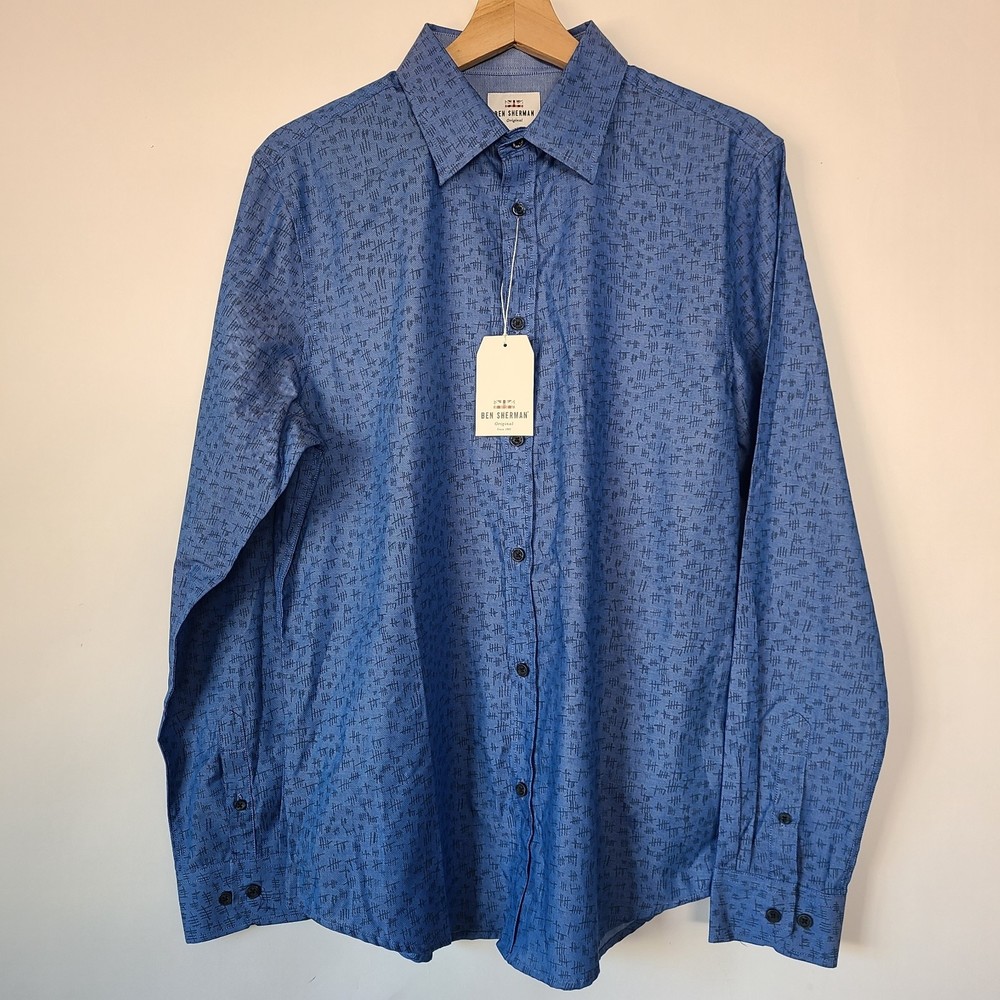 Ben Sherman Blue Tally Marks Design Button-Front Long Sleeve Shirt - NWT